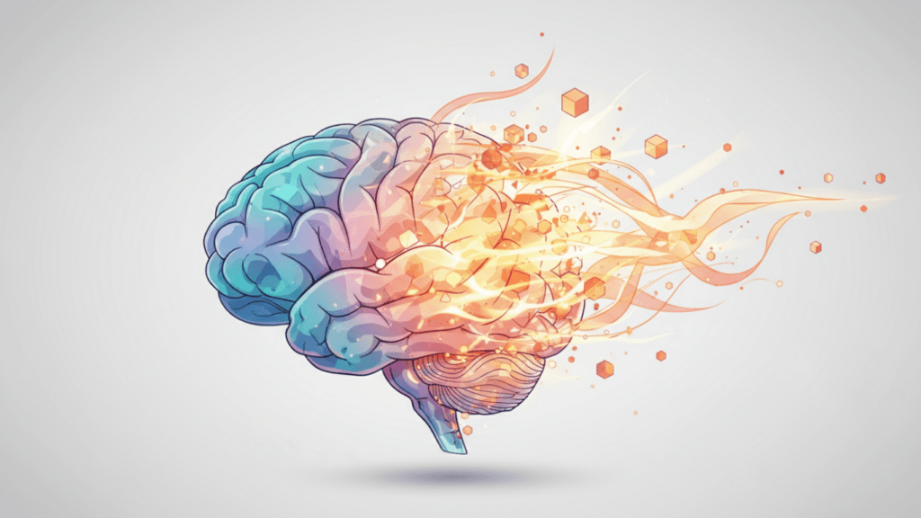 An abstract illustration of a brain transforming into light and geometric shapes, representing clarity and mindset shift.