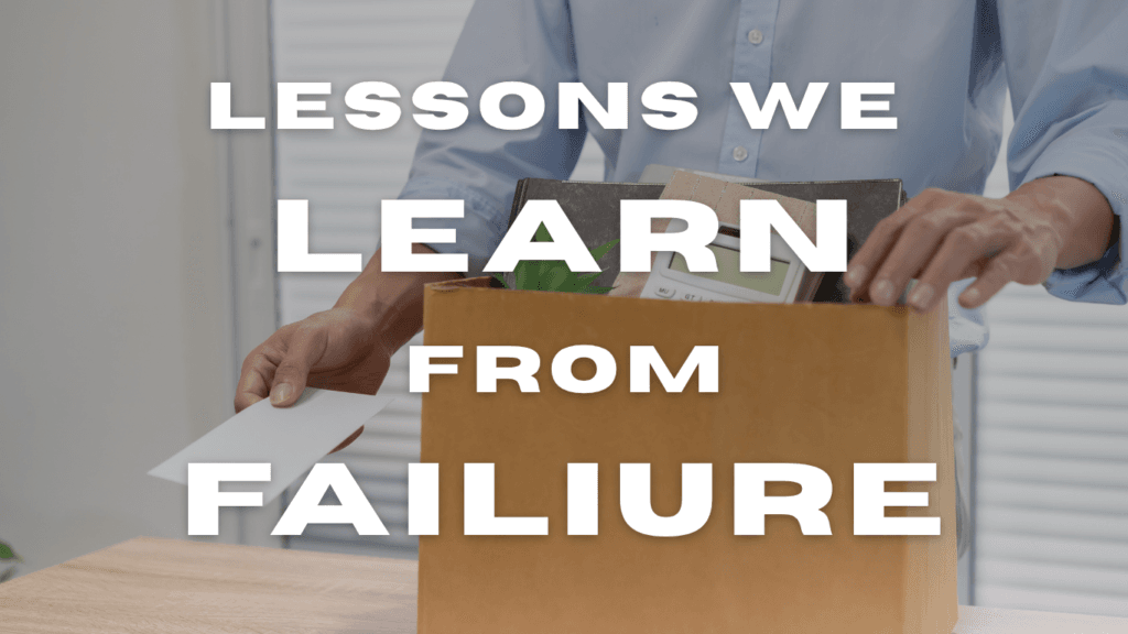 A man in the background carrying books in a paper bag with lessons we learn from failure as text