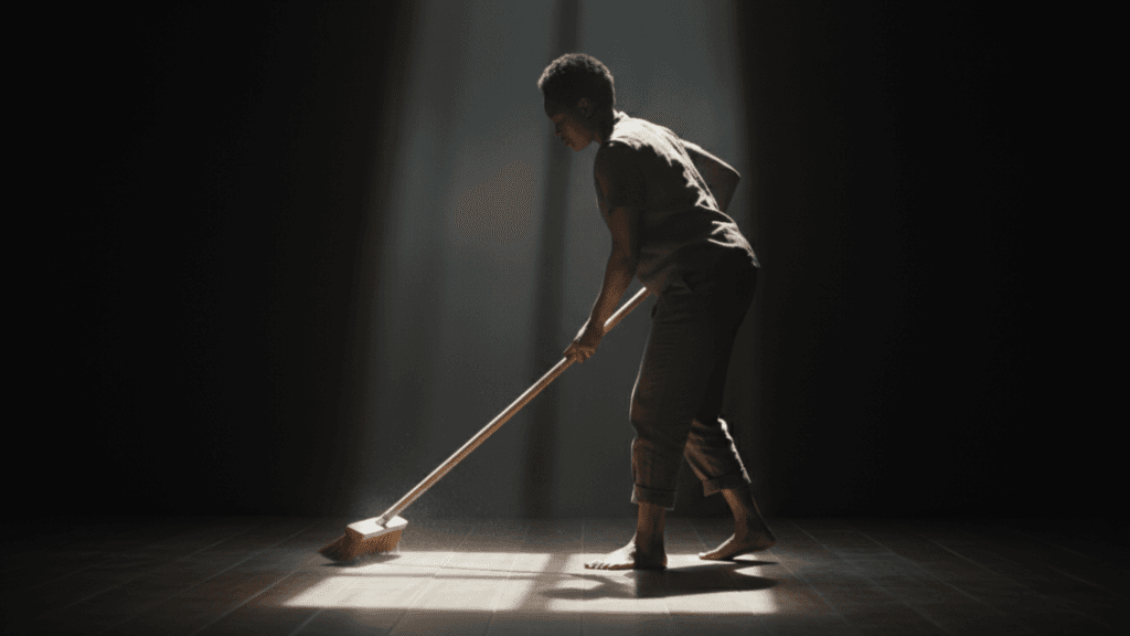 A woman doing chores in an empty room with soft golden lighting